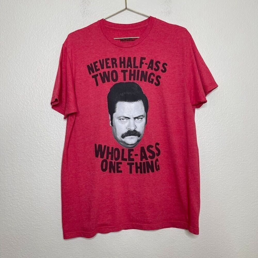 PARKS and RECREATION Shirt Large Red Ron Swanson Half-Ass Quote Graphic Mustache